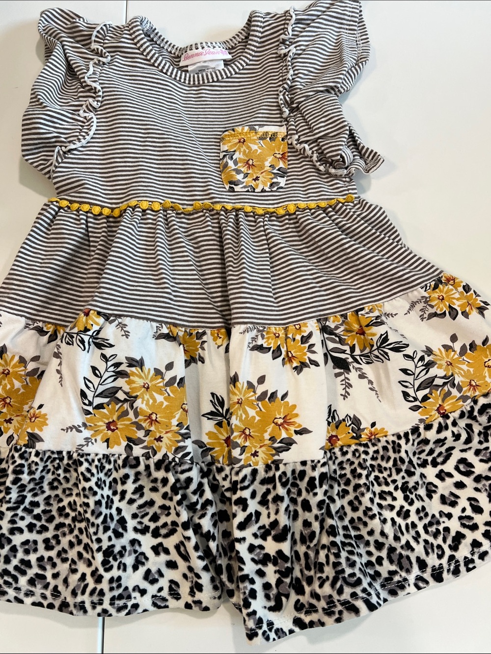 Bonnie Jean - 3T Girls' Yellow Floral & Striped Ruffle Dress, twirly